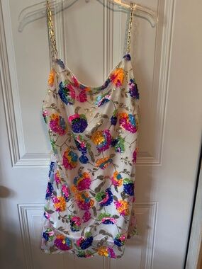 Sequin Floral Slip Dress in White with Multicolor Flowers